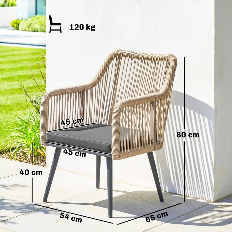 Outsunny Set 2 Scaune de Grădină din Ratan PE cu Perne Moi Lavabile și Brațe, Scaune pentru Dining Exterior din Oțel, pentru Terasă, Balcon, Grădină, Exterior, 54x65x80cm, Gri Închis