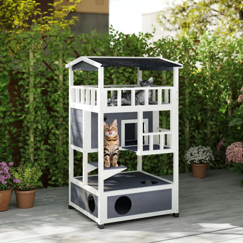 PawHut Caseta para Gatos de Madera 75,5x75x137 cm con Techo Asfáltico Plataformas para Interior y Exterior Gris