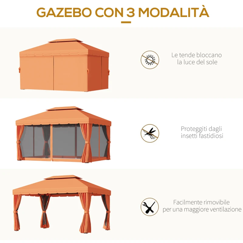Outsunny Gazebo da Giardino 4x3m con Doppio Tetto e Tende Laterali, Arancione