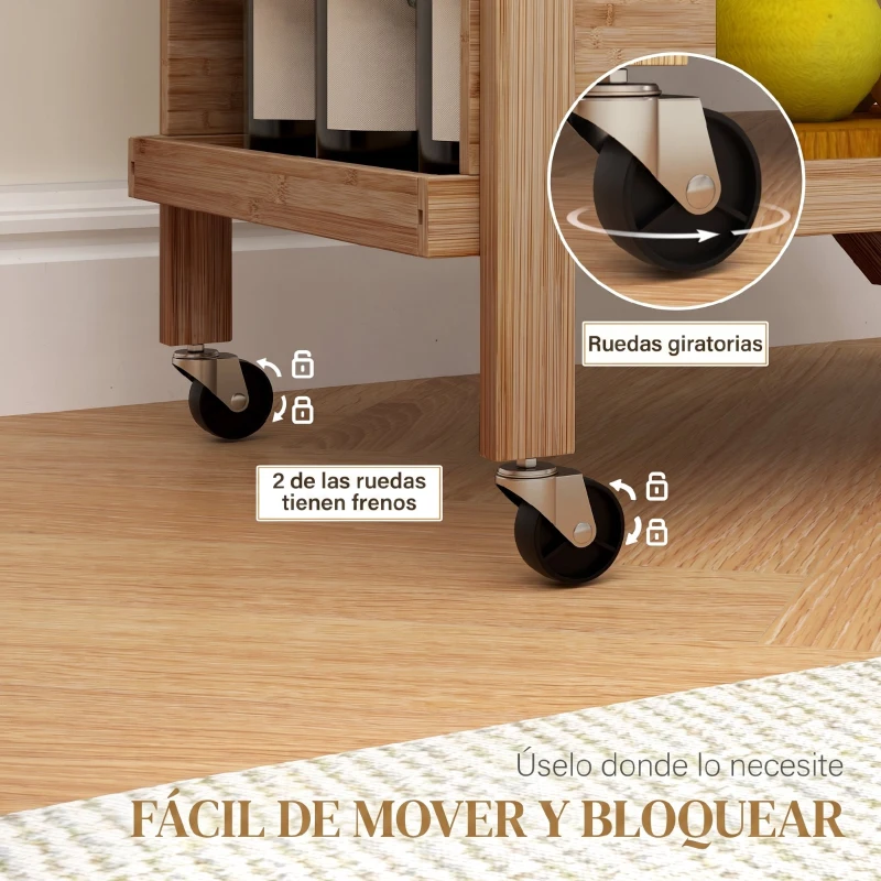 HOMCOM Carrito de Cocina de Bambú con Ruedas Carro de Cocina Plegable con Soporte para Vino 2 Estantes 66x40x70 cm Natural