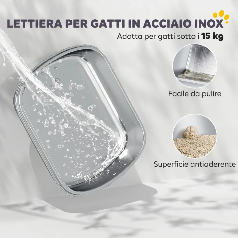 PawHut Lettiera per Gatti Extra Large con Vassoio in Acciaio Inox, Paletta, Bordi Alti, Fino a 15 kg, Grigio Carbone