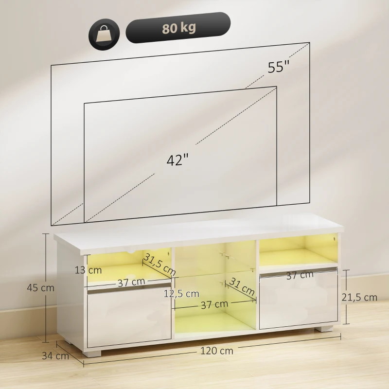 HOMCOM Meuble TV 120 cm, meuble télé pour téléviseur jusqu'à 55 pouces éclairage LED et télécommande étagères en verre blanc