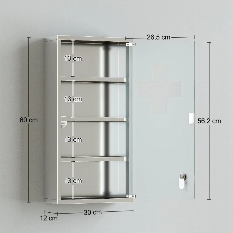 HOMCOM Armadietto Medicinale Cassetta Porta Medicina a Quattro Ripiani in Acciaio Inox 30 x 12 x 60cm
