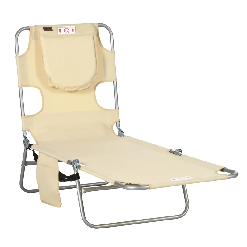 Outsunny Foldable Sun Lounger, Beach Chaise Lounge with Reading Hole, Arm Slots, 5-Position Adjustable Backrest, Side Pocket, Pillow for Garden, Beach, Camping, Beige