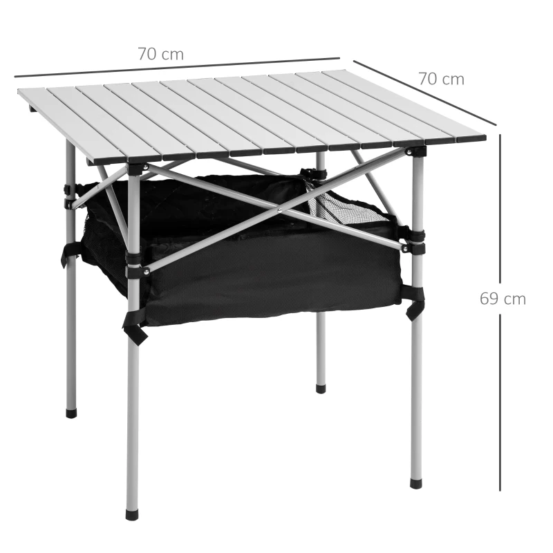 Outsunny Mesa de Camping Plegable con Almacenaje de Malla y Bolsa de Transporte para Exterior Jardín y Picnic 70x70x69 cm Plata