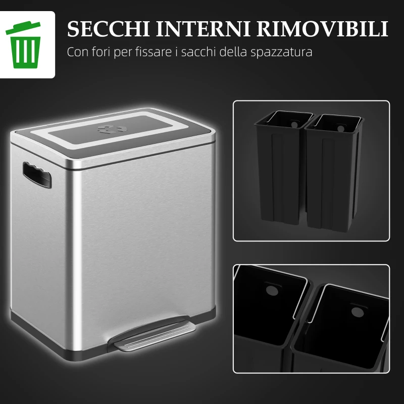 HOMCOM Bidone Immondizia a 2 Sezioni da 15L a Pedale con Coperchio Silenzioso, in Acciaio Inox e PP, 40x34.8x47.5 cm