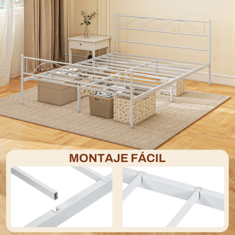 HOMCOM Cama Doble 135x190 cm Estructura Metálica con Cabecero Somier Altura 28 cm Espacio de Almacenamiento Carga 330 kg Blanco