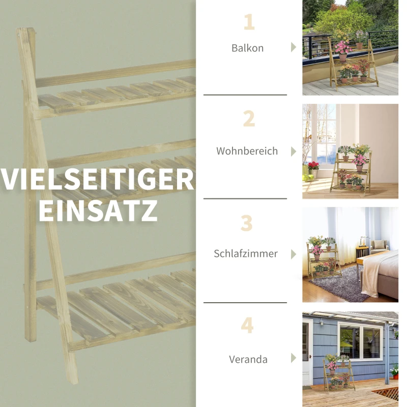 Outsunny 3-Etagen Pflanzenständer, klappbarer 93 cm hoch Blumenständer für Innen Außen, Pflanzenregal aus Holz, Blumentopfständer mit Tabletts, Blumentreppe für Wohnzimmer, Garten Balkon, Dunkelbraun