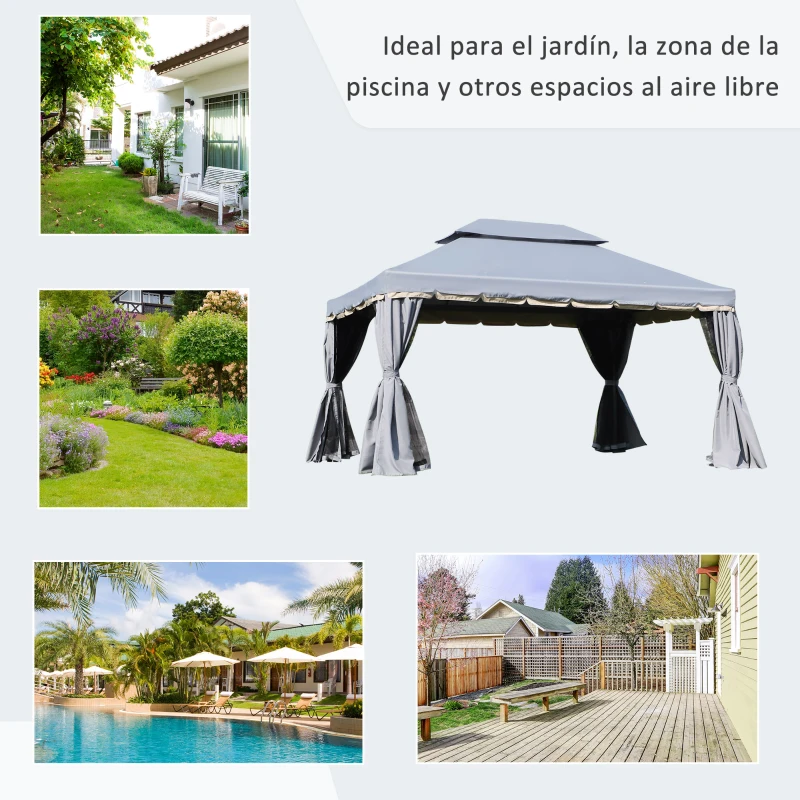 Outsunny Cenador de Jardín 4x3m Pabellón de Jardín Gazebo con Doble Techo Estructura de Aluminio UPF50+ para Exterior Gris