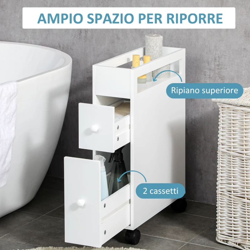 kleankin Mobiletto Salvaspazio Bagno con 4 Ruote, 2 Cassetti e Ripiano aperto, 16x49.5x66cm, Bianco