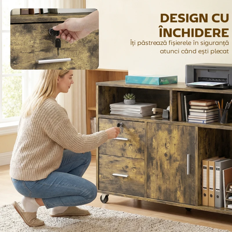 HOMCOM Dulap pentru Imprimantă pe Roți cu 2 Sertare cu Încuietoare, 3 Rafturi și Dulap, Dulap pentru Documente de Birou și Studio, 100x35x65 cm, Maro Rustic