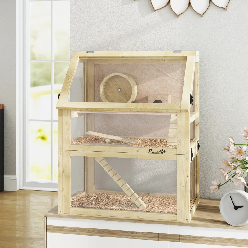 PawHut Cage Hamster Rongeur à 3 Niveaux, Fond Amovible, Cabane, Balançoire, 60x40x75cm, Finition Bois Naturel