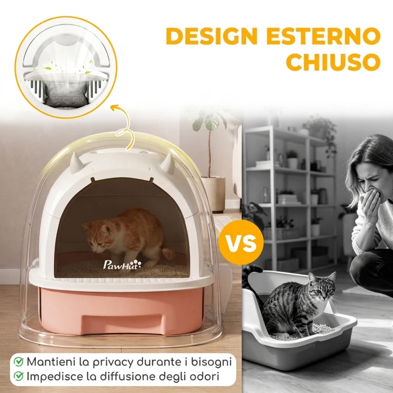 PawHut Lettiera per Gatti Chiusa con Vassoio Estraibile, Paletta e Filtro ai Carboni Attivi, Rosa