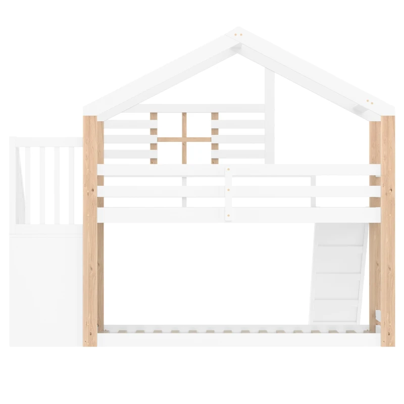 Modern Minimalist Kids Bunk Bed with Slide and Storage Stairs, Solid Wood House Bed for Siblings and Sleepovers, 194L x 90W x 206H cm, White