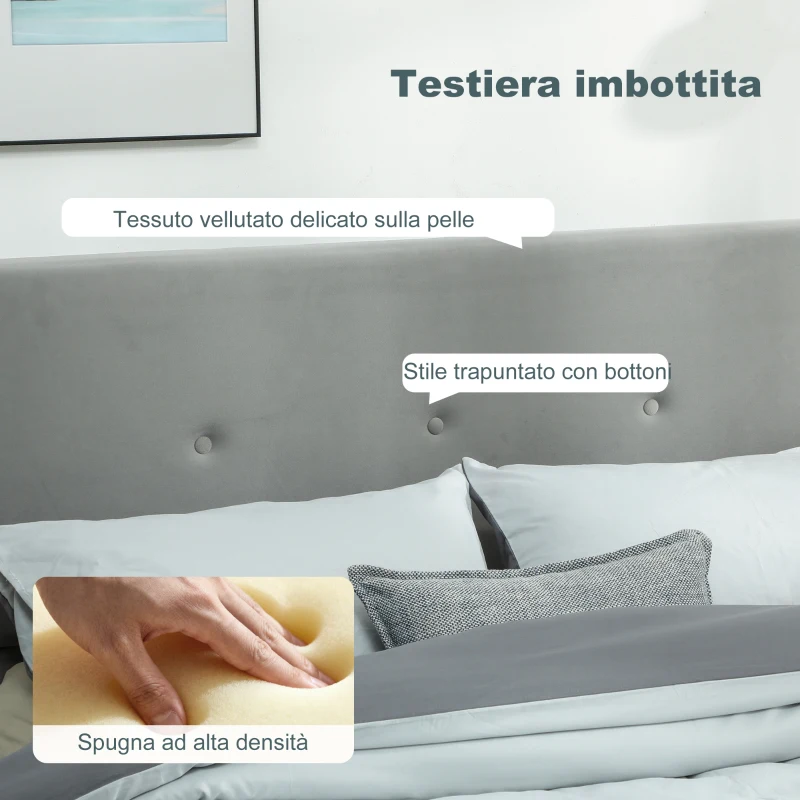 HOMCOM Letto Contenitore con Spazio a Scomparsa e Testiera Vellutata a Trapunta, in Legno e Metallo, 195x141x106 cm, Grigio