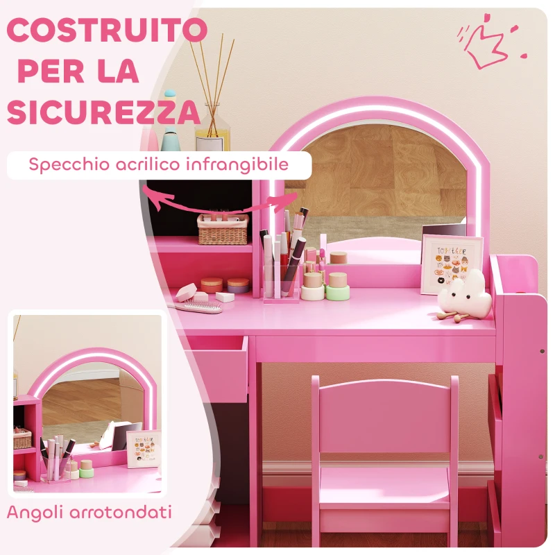 AIYAPLAY Set Toeletta Trucco per Bambini 2 in 1 con Specchio, Sedia, Luce LED, Armadietto, Scaffali e Libreria, Rosa