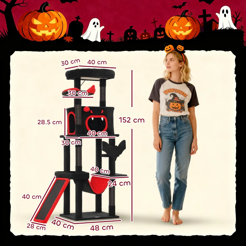 PawHut Gothic Cat Tree, 152 cm Multi-Level Cat Tower for Large Cats with Coffin Bed, Large Condo, for Halloween