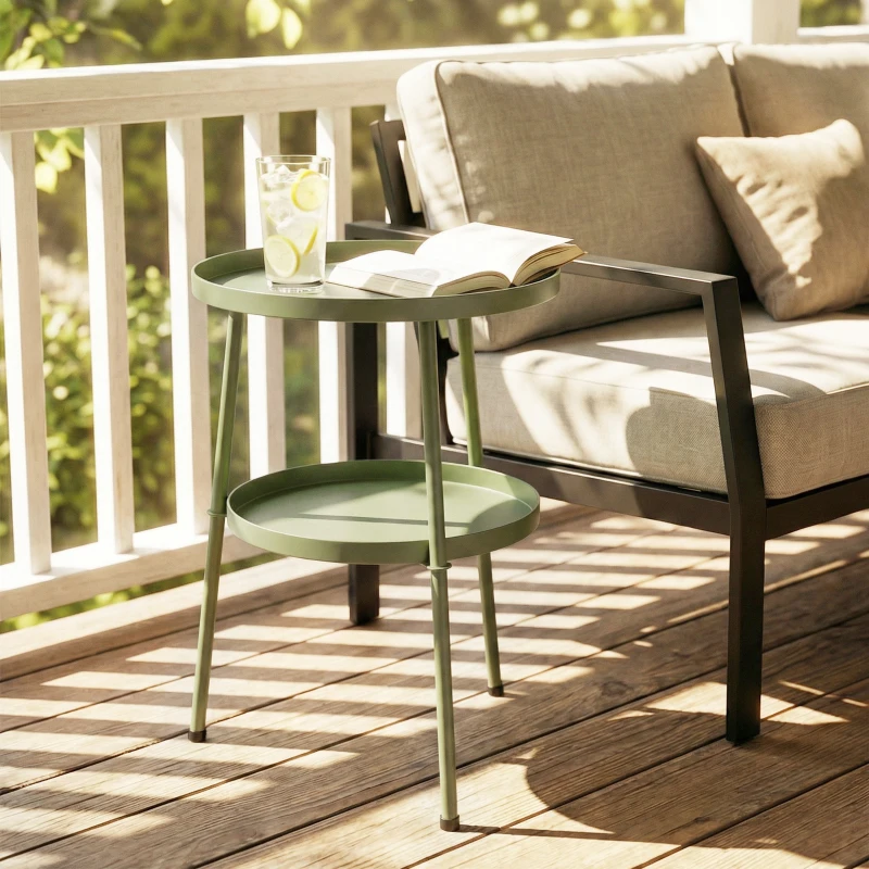 Outsunny Patio Side Table, 2-Tier Round Coffee End Table for Garden Balcony Living Room Bedroom, Light Green