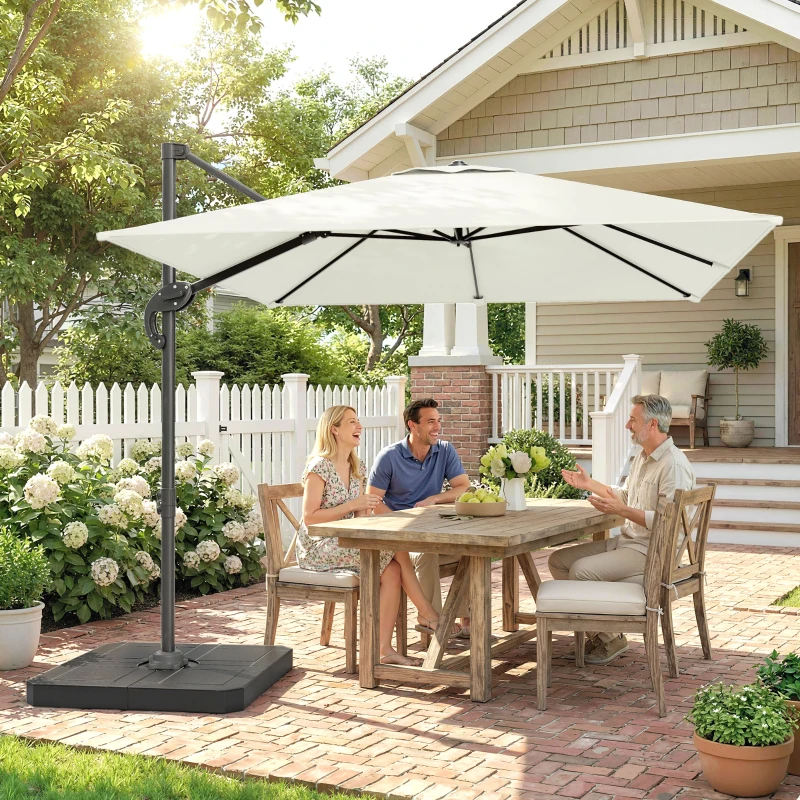 Outsunny 2.4 x 2.4m Cantilever Parasol with Umbrella Weights, UPF50+ Offset Outdoor Umbrella w/ Easy Tilt Adjustment, Cream White