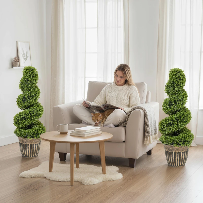 HOMCOM Set of 2 Artificial Plants, Topiary Spiral Boxwood Trees with Pot, for Home Indoor Outdoor Decor, 90cm