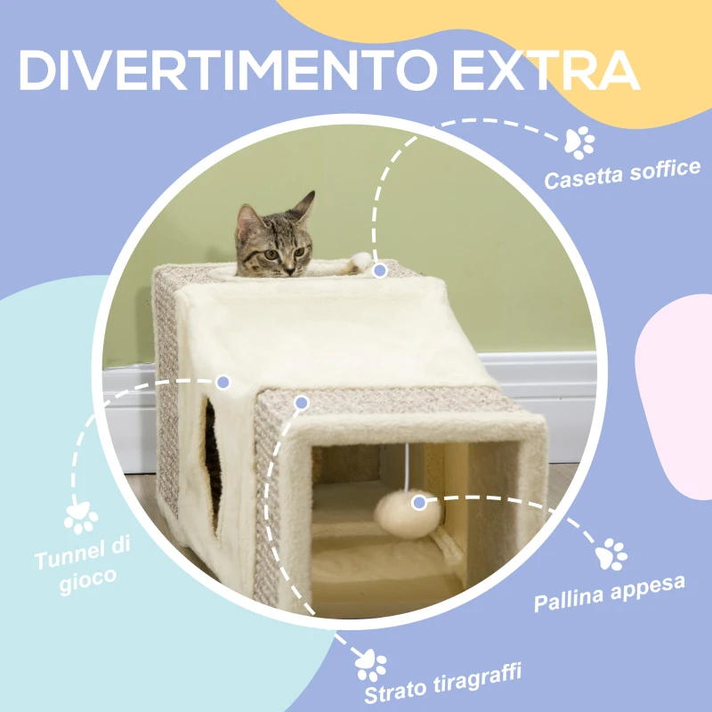 PawHut Tunnel per Gatti Pieghevole con Casette, Tiragraffi e Pallina in Peluche e Sisal, Crema