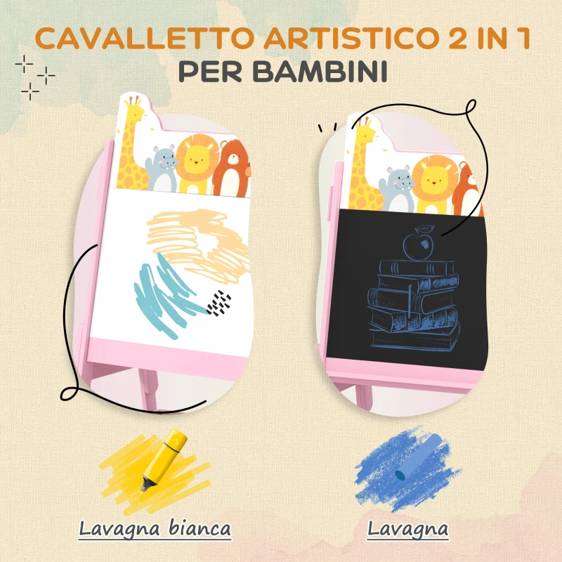 AIYAPLAY Cavalletto Artistico per Bambini 3-8 Anni con Lavagna a 2 Lati e 2 Cestini Contenitori, in Legno, 53.5x49x113 cm, Rosa