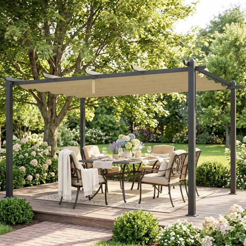Outsunny 3 x 4m Aluminium Pergola, with Retractable Roof - Khaki