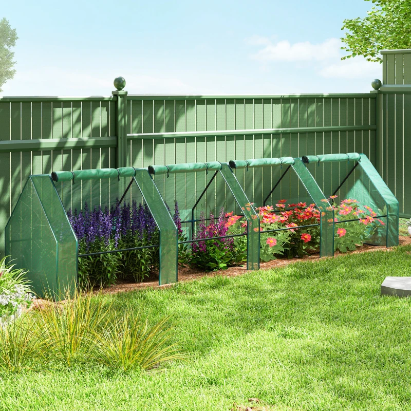 Outsunny Mini Serra da Giardino a 4 Porte Arrotolabili con Copertura Allungata, in Acciaio e PE, 360x90x90 cm, Verde