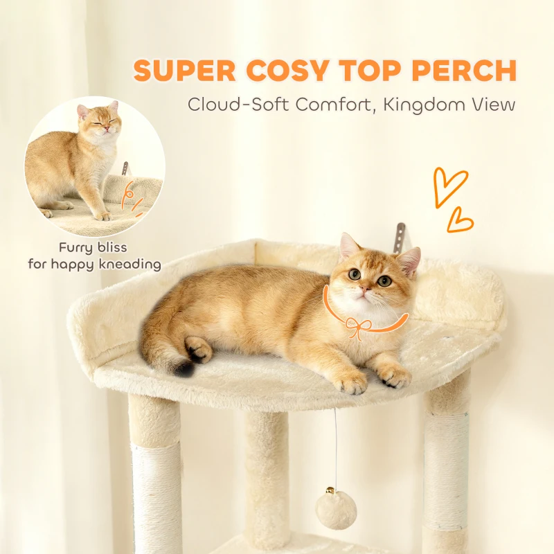 PawHut 170 cm Large Cat Tree, Cat Tower with 7 Scratching Posts, Tunnel, 2 Condos, Hammock, Perch, Ramp, Pompoms, Beige
