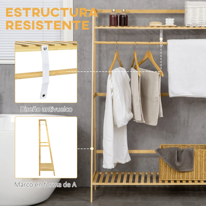 HOMCOM Perchero de Pie de Madera de Bambú para Ropa con 2 Estantes 2 Ganchos y Barra para Colgar 114x40x139 cm Natural