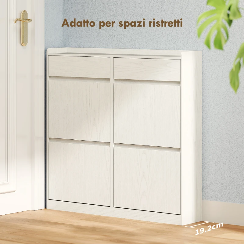 HOMCOM Scarpiera Slim in Legno con 4 Cassetti a Ribalta e 2 Cassetti Scorrevoli, 98x19.2x95.3 cm, Bianco