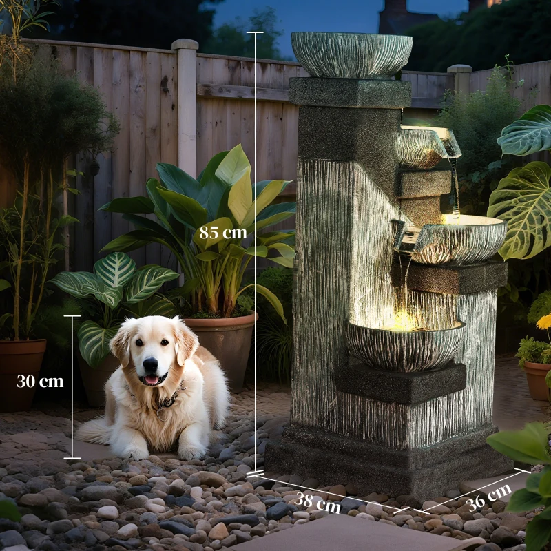 Outsunny Fontaine de Jardin Cascade Fontaine d'eau 4 niveaux avec lumières LED, résine, 38 x 36 x 85 cm, gris