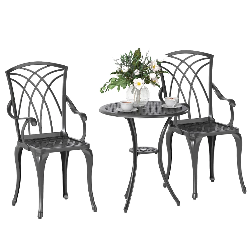 Outsunny 3 Pieces Garden Dining Set for 2, Cast Aluminium Outdoor Dining Set with 2 Armchairs and Round Dining Table with Parasol Hole, Garden Furniture Bistro Set, Brown
