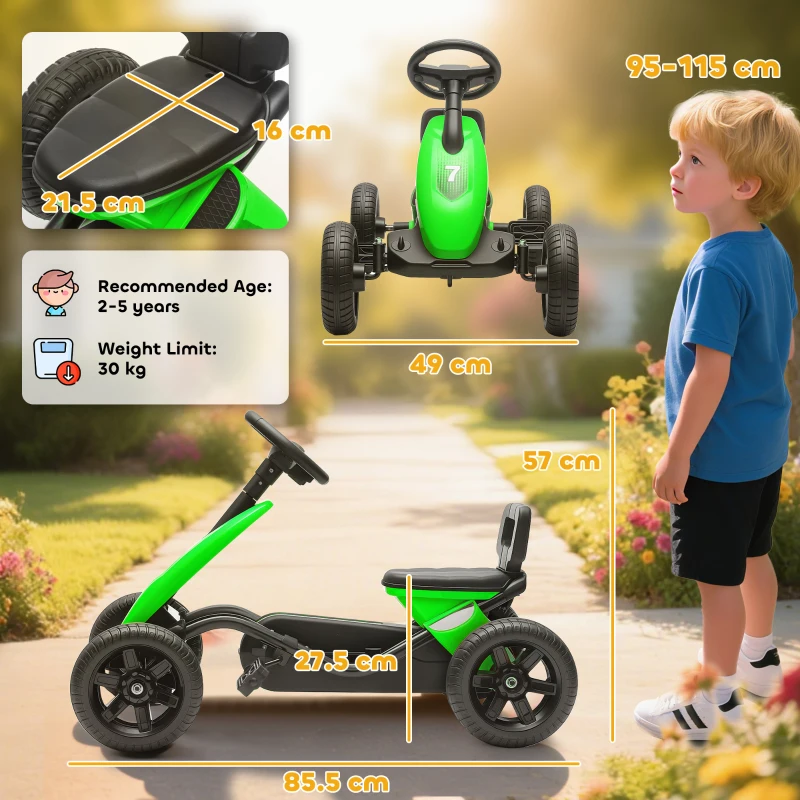 AIYAPLAY Pedal Go Kart for Kids 2-5 Years, with Silent EVA Wheels, Metal Frame, Green