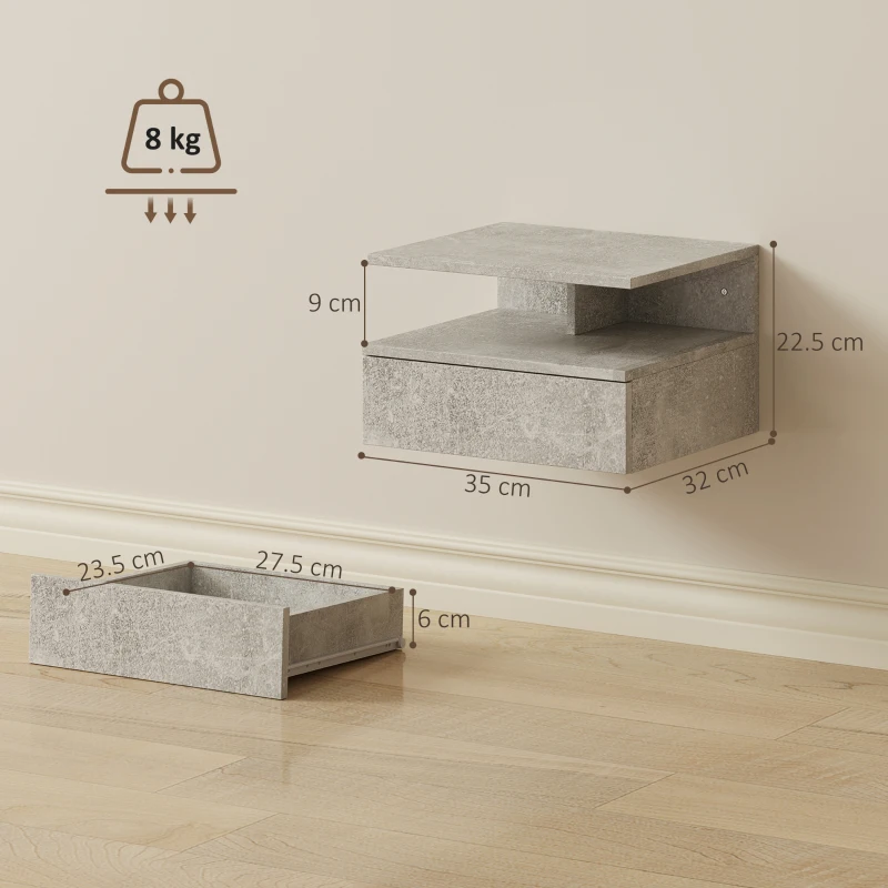 HOMCOM Set de 2 Noptiere Suspendate cu Sertar și Raft Deschis, 35x32x22.5 cm, Gri Ciment