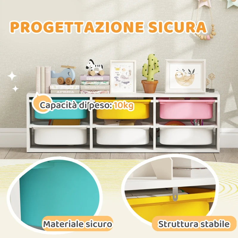 AIYAPLAY Scaffale Portagiochi Bambini in Legno con 6 Contenitori Rimovibili in Plastica, Multicolore
