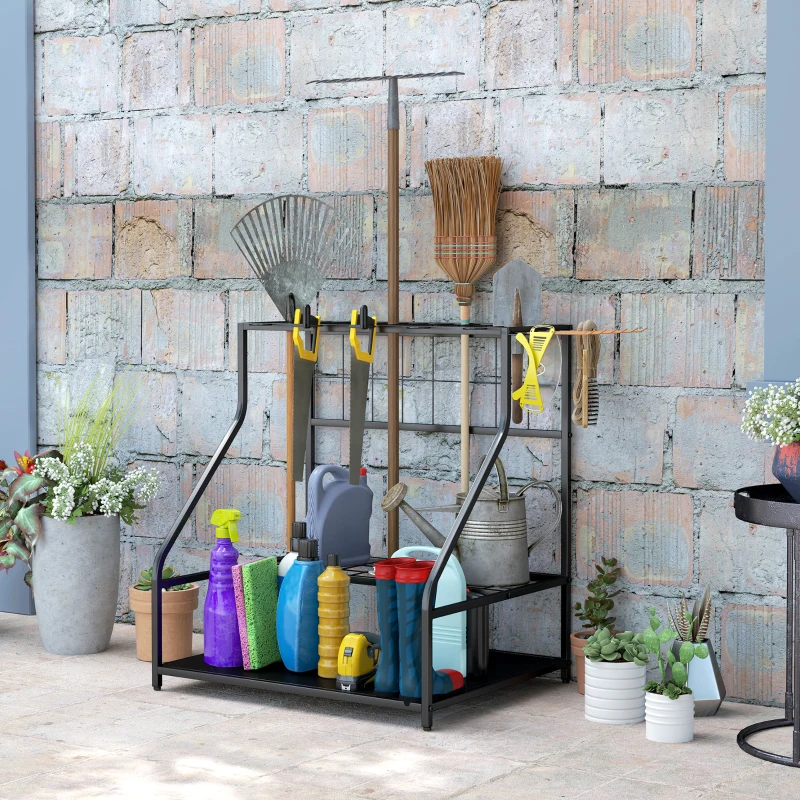 Outsunny Garden Tool Storage Rack, 3-Tier Garden Tool Rack with 11 Hooks for Long-Handled, Broom, Shovel, Rake, Holds 20 Tools