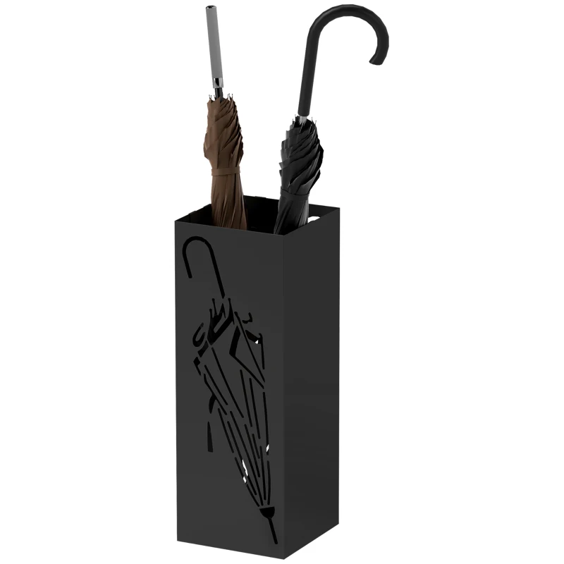 HOMCOM Metal Umbrella Stand, Square Umbrella Holder with 4 Hooks and Removable Drip Tray, Decorative Umbrella Storage Rack for Entryway, Hallway, 15.5 x 15.5 x 41 cm, Black