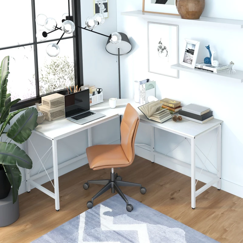 HOMCOM Scrivania Angolare a L con Piedini Regolabili, in Legno e Acciaio, 150x150x76 cm, Bianca