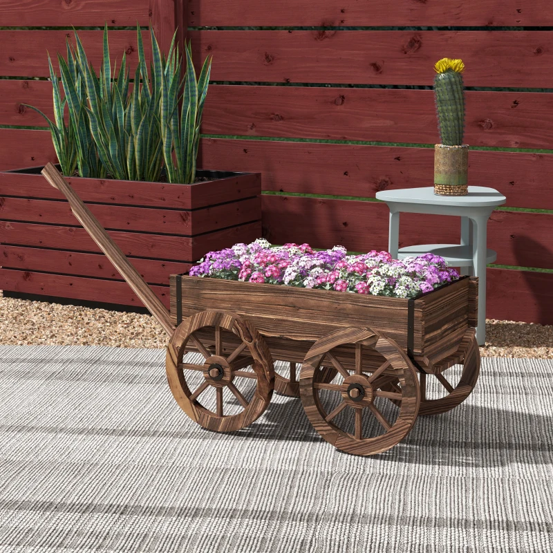 Outsunny Chariot à fleurs en bois avec roues et poignée, bac à fleurs, brouette avec trous de drainage, 120 x 41 x 54 cm, marron