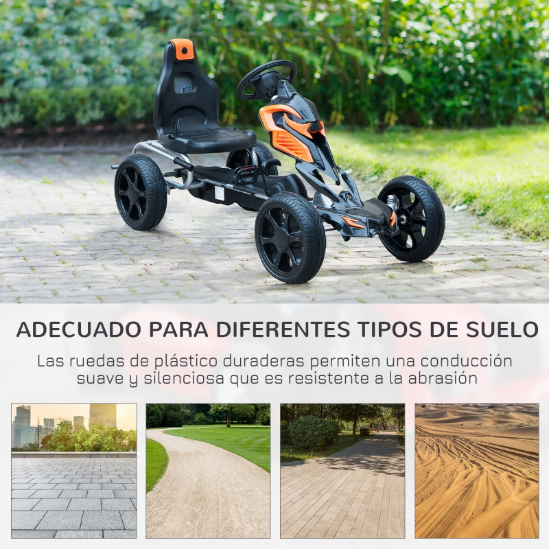 HOMCOM Go Kart Racing Deportivo Coche de Pedales para Niños +5 Años con Asiento Ajustable Embrague y Freno Ruedas de Goma 122x60x70cm Negro y Naranja