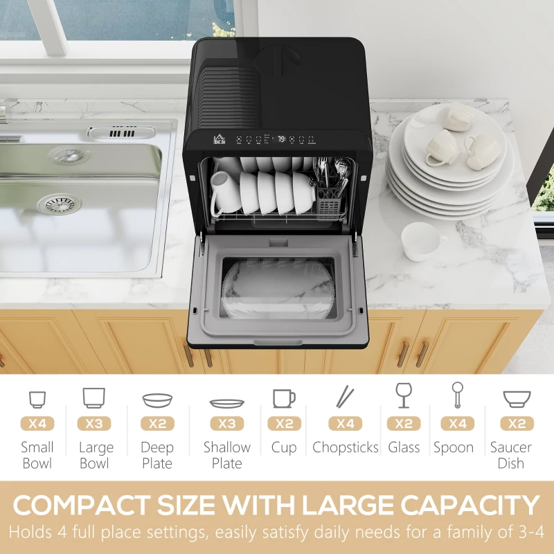 HOMCOM Table Top Dishwasher with Built-in 6L Water Tank, Mini Countertop Dishwasher with 6 Programs, 4 Place Settings, Black