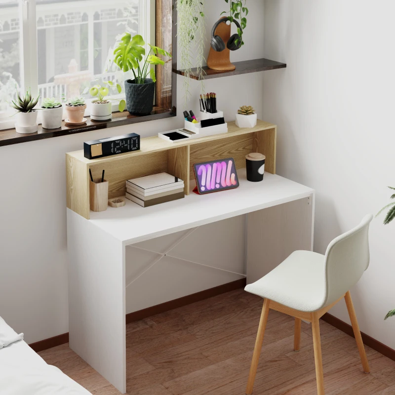 HOMCOM Escritorio 110x50x102,6 cm Mesa de Escritorio con 2 Compartimentos Abiertos y Estante Blanco y Madera Natural