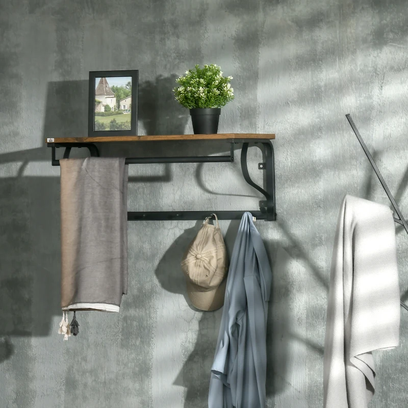 HOMCOM Porte-manteau Étagère Murale Flottante Meuble Entrée, Vestiaire, Style Industrielle avec Crochets et Tringle - en métal pour Cuisine, Salon, Chambre et Salle de Bain