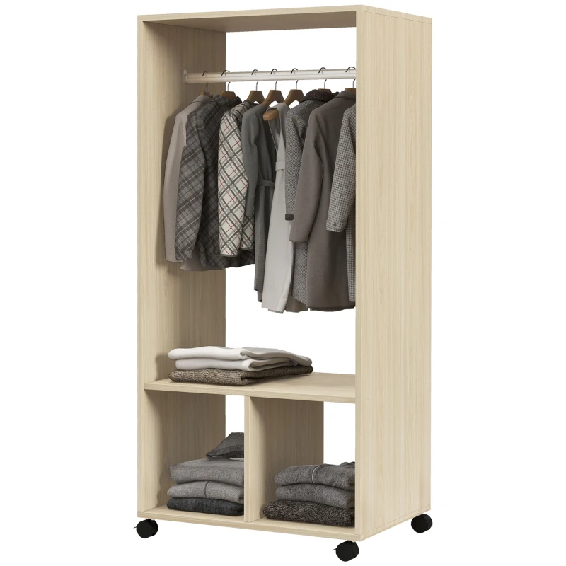 HOMCOM Open Wardrobe on Wheels, Bedroom Wardrobe with Clothes Hanging Rail, 2 Storage Shelves, Mobile Garment Rack for Cloakroom, Hallway, Natural