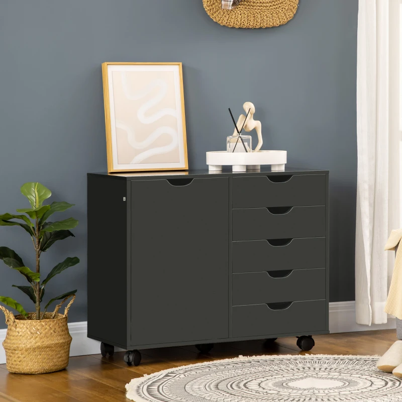 HOMCOM Caisson de bureau avec 5 tiroirs 1 porte étagère réglable, support imprimante sur roulettes, 78x40x66,5 cm, noir