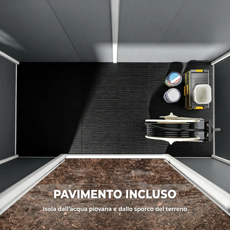 Outsunny Casetta da Giardino in Resina con Pavimento, 2 Porte con Blocco, Finestra, 2.4 x 1.3 m, Grigio