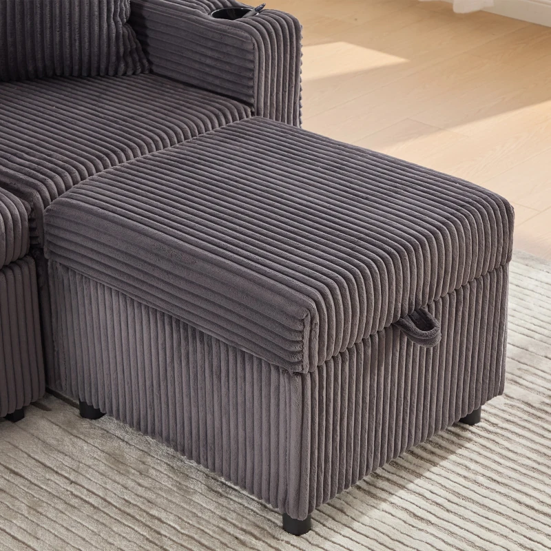 Modern Corduroy Sofa Bed with Pull-Out Bed, Storage and LED Lighting, Plush Sleeper Couch for Living Rooms, 196L × 82W × 85H cm, Dark Gray
