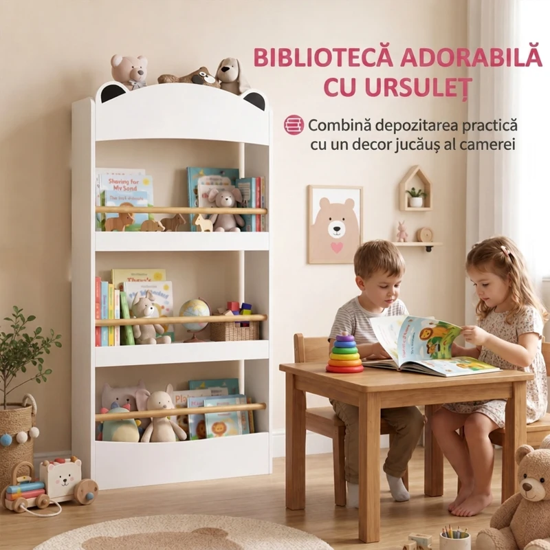 AIYAPLAY Bibliotecă Montessori pentru Copii 3-8 Ani, Ursuleț, cu 4 Polițe din Lemn, 50x15x97 cm, Alb