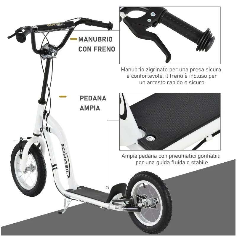 HOMCOM Monopattino con Manubrio Regolabile, Ruote Grandi, 2 Freni e Telaio in Metallo, per Bambini 5+ Anni, Max 100kg, 120x58x85-95cm, Bianco